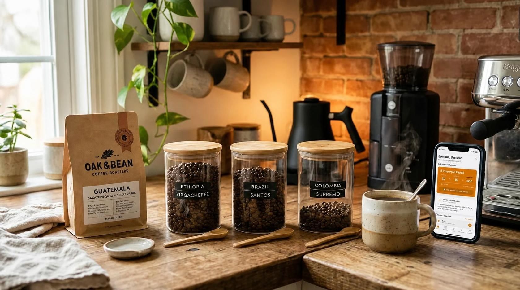 Bancada de café organizada com potes etiquetados, pacote artesanal e celular com a tela da adega digital do app