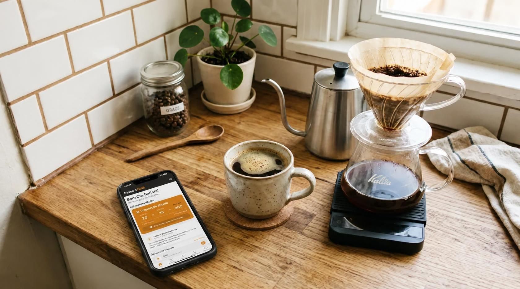 Bancada de café com xícara quente, filtro coador e smartphone exibindo a tela da calculadora de proporção do app Passa o Café