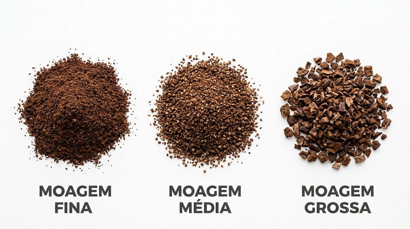 Comparativo visual de moagem de café: fina, média e grossa lado a lado
